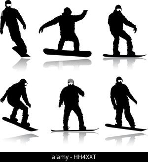 Set black silhouettes snowboarders on white background. Vector Stock Vector