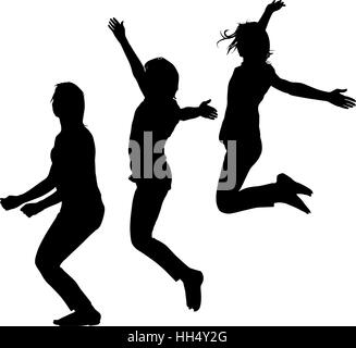 Silhouette of three young girls jumping with hands up, motion. Vector illustration Stock Vector