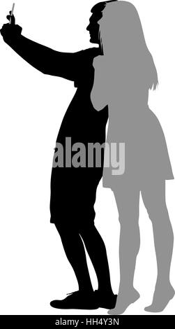 Silhouettes man and woman taking selfie with smartphone on white background. Vector illustration Stock Vector