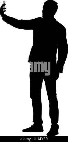 Silhouettes man taking selfie with smartphone on white background. Vector illustration Stock Vector