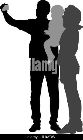 Silhouettes man and woman with a child, make selfie smartphone on white background. Vector illustration Stock Vector