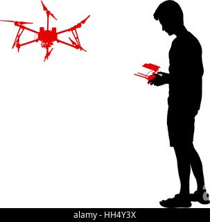 Black silhouette of a man operates unmanned quadcopter vector illustration Stock Vector