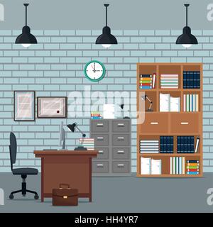 office workspace desk armchair furniture books cabinet diploma clock wall brick Stock Vector