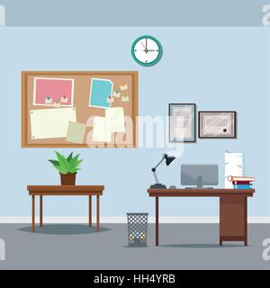 office workspace desk table potted plant clock notice board trash can laptop Stock Vector
