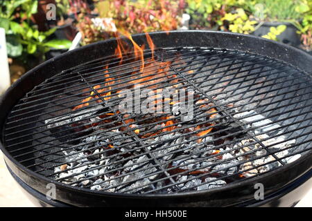 Burning kindling in portable barbecue Stock Photo