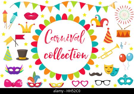 Carnival, party icon set design element. Masquerade, Photo booth in modern flat style. Isolated on white background. Vector illustration, clip art. Stock Vector