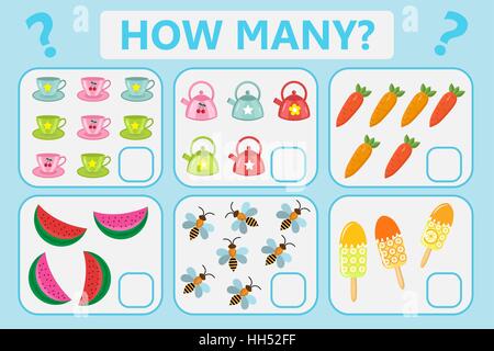 Childrens educational logic game. Mathematical task. How many. Vector illustration. Stock Vector