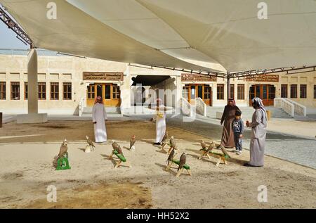 Located in the center of Doha, the Falcon Souq is a market selling live falcon birds and falconry equipment Stock Photo