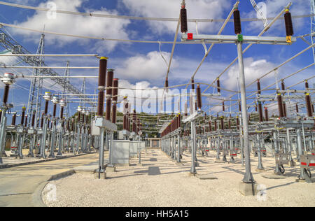 High voltage switchyard in modern electrical substation Stock Photo