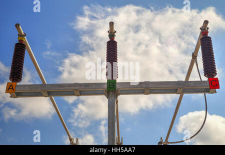 High voltage switchyard in modern electrical substation Stock Photo