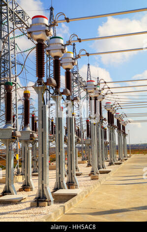 High voltage switchyard in modern electrical substation Stock Photo