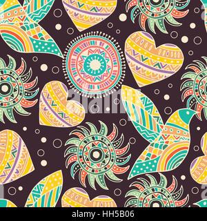 seamless pattern with bird and heart in the style of boho Stock Vector