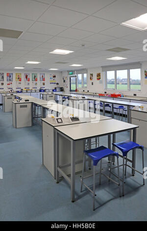 Science classroom in a new UK secondary school. Shows laboratory benches, stools and science equipment Stock Photo