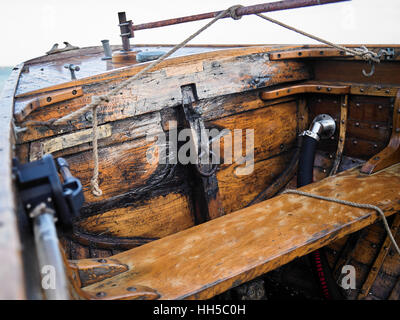 Clinker Fishing Boat hauled up on the shingle, Deal Beach, Kent UK Stock Photo