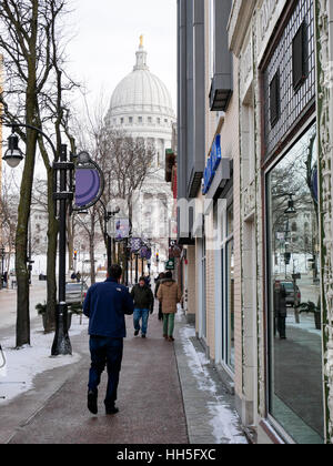State Street in winter, Madison, Wisconsin. State capitol in background. Stock Photo