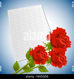 Greeting or invitation card with bouquet of red roses and sheet  paper. Stock Vector