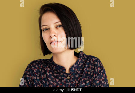 Woman Neutral Face Expression Daydreaming Concept Stock Photo