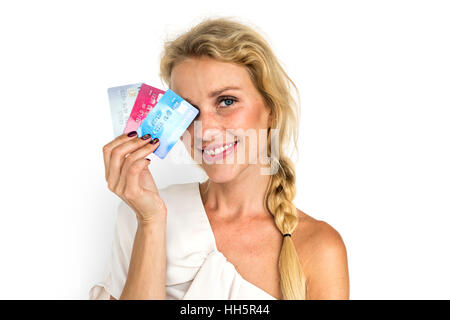 Women Adult Hold Credit Cards Concept Stock Photo