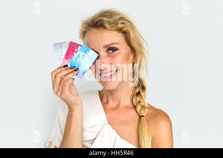 Women Adult Hold Credit Cards Concept Stock Photo