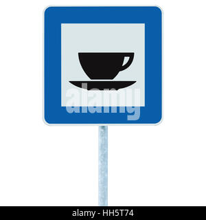 Restaurant road sign on post pole, traffic roadsign, blue isolated bistro dinner bar cafe cafeteria catering coffee tea cup service signage Stock Photo