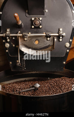 Photo of freshly roasted coffee beans from a large old coffee roaster being stirred in the cooling cylinder. Stock Photo