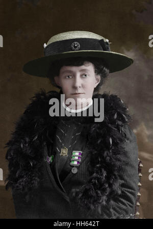 Emily Wilding Davison (1872-1913). Died after throwing herself in  front of the King's horse at  the Derby in June 1913, She is wearing a 'prisoner's brooch' and another medal. Stock Photo