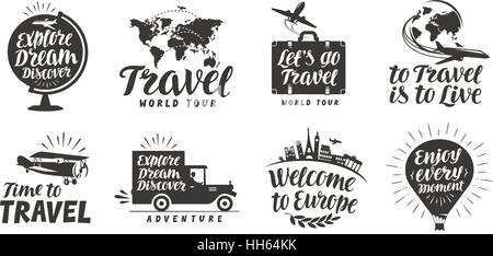 Travel set icons. Handwritten lettering. Label vector illustration Stock Vector