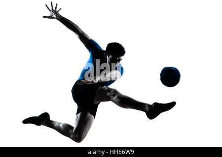 one caucasian man flying kicking playing soccer football player silhouette  in studio isolated on white background Stock Photo