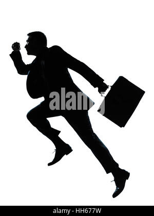 one caucasian business man jumping running  silhouette Full length in studio isolated on white background Stock Photo