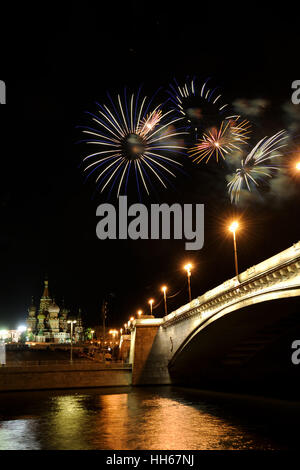 Fireworks in Sky over St. Basil's Cathedral. Stock Photo