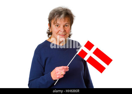 Female senior with danish flag - isolated on white background