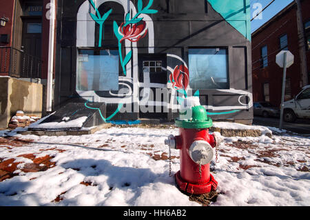 Red fire hydrant in the snow next to a colorfully painted wall. Stock Photo