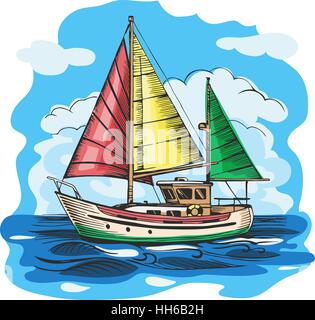 Sailing boat colored vector sketch with clouds Stock Vector