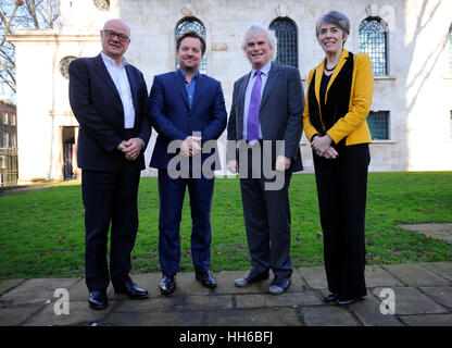(left to right) Managing Director at the Barbican Sir Nicholas Kenyon, Chairman Gareth Davies, Sir Simon Rattle and Managing Director of LSO Kathryn McDowell pose for a photograph after Mr Rattle unveiled his future plans for the London Symphony Orchestra at LSO, St Luke's in London. Stock Photo