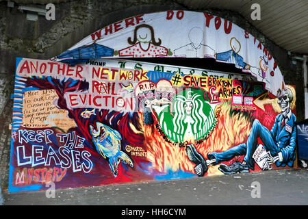 Eviction Protest murals by Maria in paint on shutters in Railton Road in Brixton South London Stock Photo