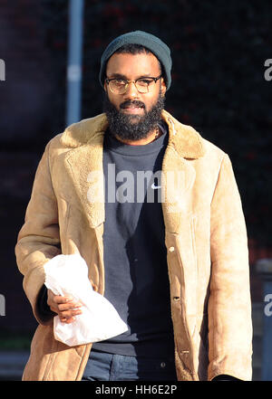 Black Lives Matter protester Joshua Virasami, 26, returns to Willesden Magistrates Court, London, following lunch, to face a charge of wilfully obstructing the highway in August last year after he helped to block the M4 Spur Road to Heathrow Airport. PRESS ASSOCIATION Photo. Picture date: Tuesday January 17, 2017. See PA story COURTS Heathrow. Photo credit should read: Nick Ansell/PA Wire Stock Photo