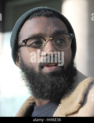 Black Lives Matter protester Joshua Virasami, 26, returns to Willesden Magistrates Court, London, following lunch, to face a charge of wilfully obstructing the highway in August last year after he helped to block the M4 Spur Road to Heathrow Airport. PRESS ASSOCIATION Photo. Picture date: Tuesday January 17, 2017. See PA story COURTS Heathrow. Photo credit should read: Nick Ansell/PA Wire Stock Photo