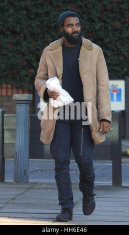 Black Lives Matter protester Joshua Virasami, 26, returns to Willesden Magistrates Court, London, following lunch, to face a charge of wilfully obstructing the highway in August last year after he helped to block the M4 Spur Road to Heathrow Airport. Stock Photo