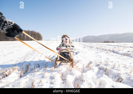 Mother pulling daughter on sledge. Sunny white winter nature. Stock Photo