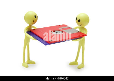 Two smilies holding floppy disks isolated on white Stock Photo