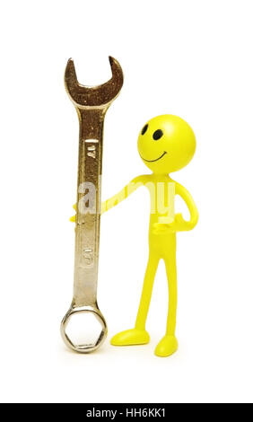 Smilie with spanner isolated on white Stock Photo