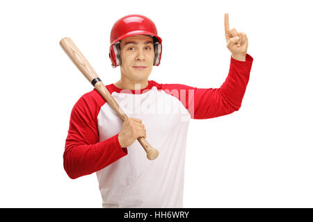 Baseball player with a bat pointing up isolated on white background Stock Photo