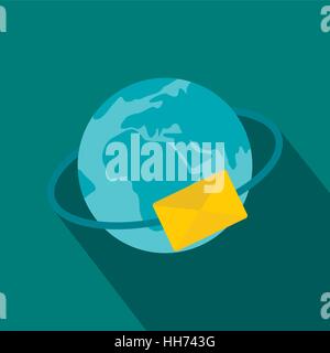 Blue Earth with envelope icon, flat style Stock Vector