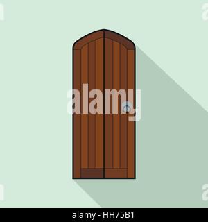 Brown arched wooden door icon, flat style Stock Vector