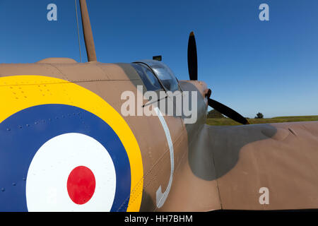 view of a replica of a Mk1 Supermarine Spitfire at the Battle of Britain Memorial, Capel-le-Ferne, Kent, Stock Photo