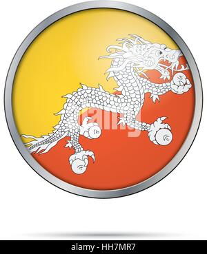 Vector Bhutanese flag button. Bhutan flag glass button style with metal frame. Stock Vector