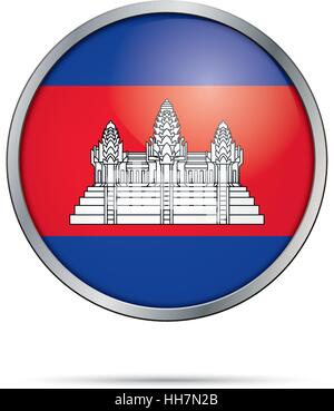 Vector Cambodian flag button. Cambodia flag glass button style with metal frame. Stock Vector