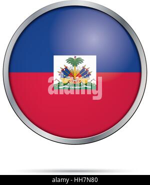 Vector Haitian flag button. Haiti flag glass button style with metal frame. Stock Vector