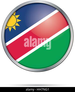 Vector Namibian flag button. Namibia flag glass button style with metal frame. Stock Vector
