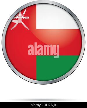 Vector Omani flag button. Oman flag glass button style with metal frame. Stock Vector